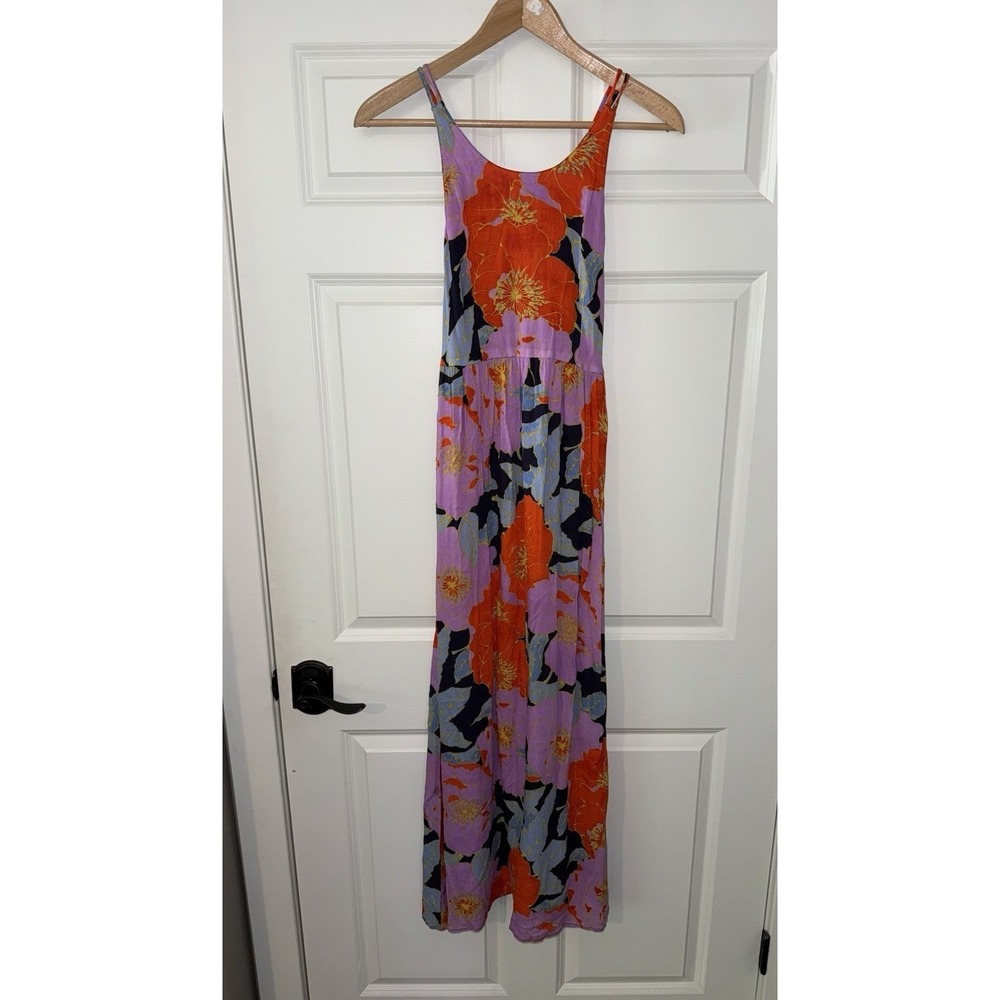 Loft Floral Maxi Dress Womens 2 Orange Purple Blue Crisscross Back Summer Breezy